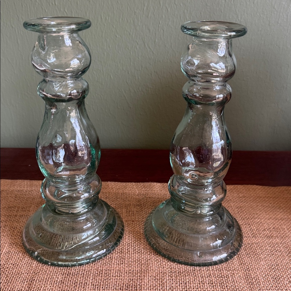 Pottery Barn Pair of Green Recycled Glass Candle Sticks Made in Spain ~8”
